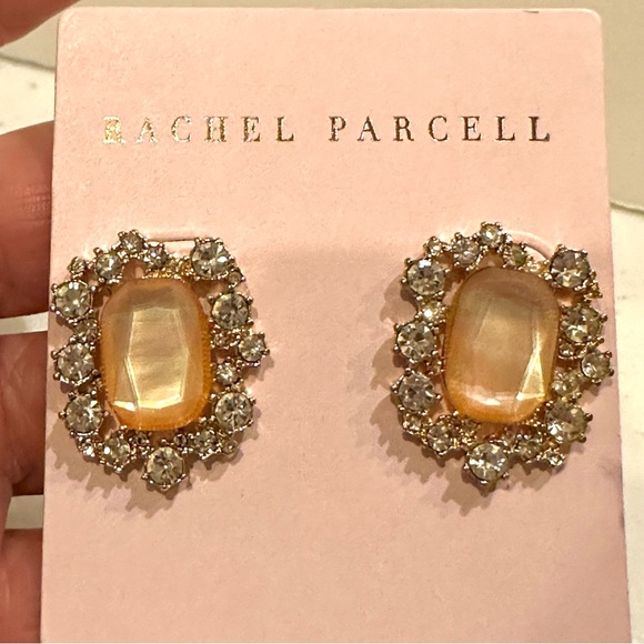 NWT Rachel Parcell Earrings gold tone rectangle peach crystal & clear rhinestone - Picture 5 of 9